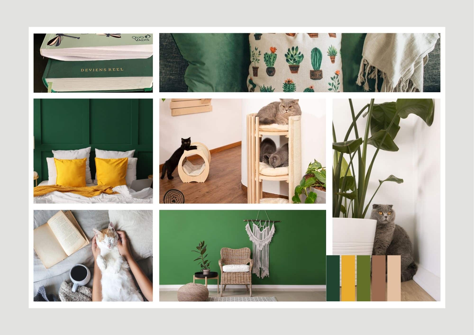 Plusieurs images sur ce moodboard pour une inspiration déco aux tons verts et matières douces pour créer un espace nature pour le chat.