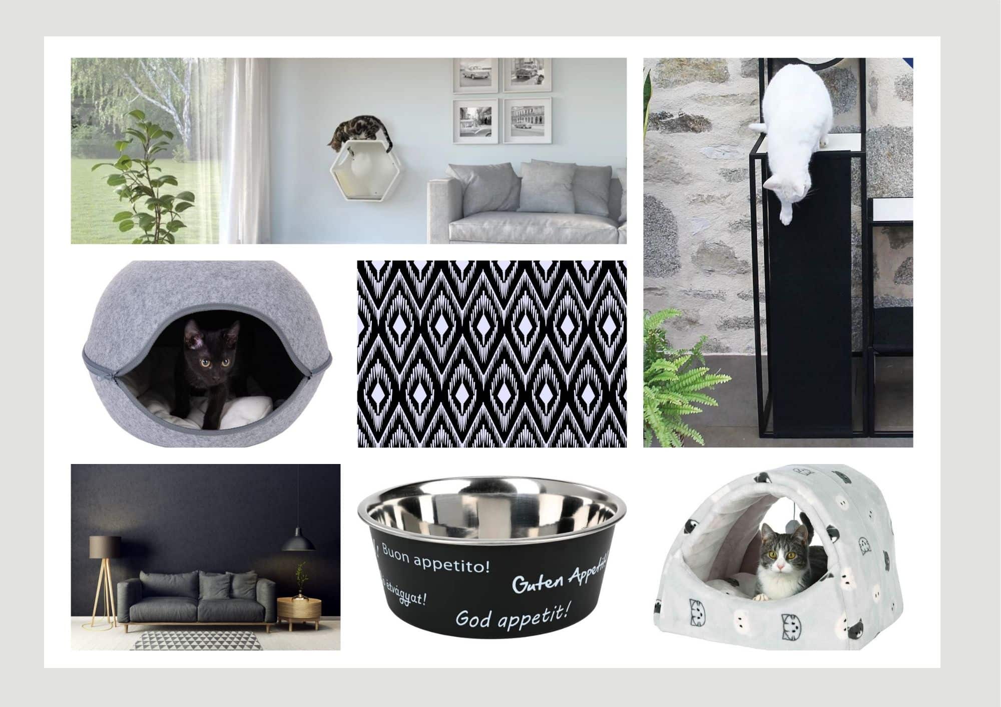 Moodboard avec des images en noir et blanc pour aménager un espace chat bicolore.