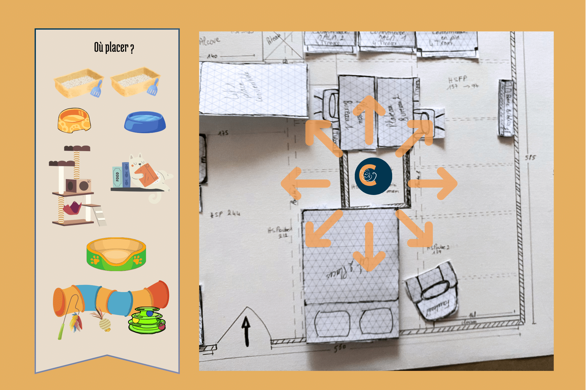 Placer les affaires du chat sur un plan de la pièce à aménager.